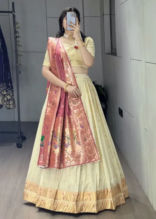 Marathi Special Cream Pathani Lehenga with Pink Dupatta