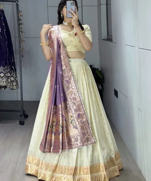Marathi Special Cream Pathani Lehenga with Purple Dupatta