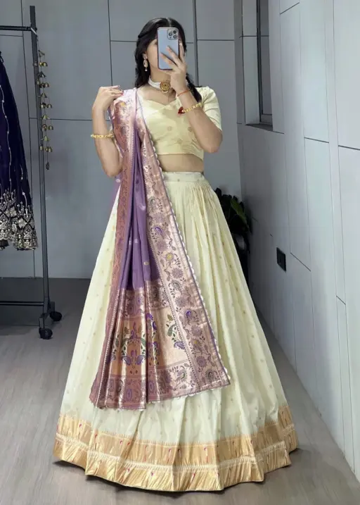 Marathi Special Cream Pathani Lehenga with Purple Dupatta