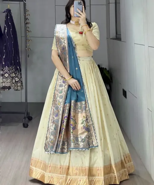 Marathi Special Cream Pathani Lehenga with Rama Dupatta