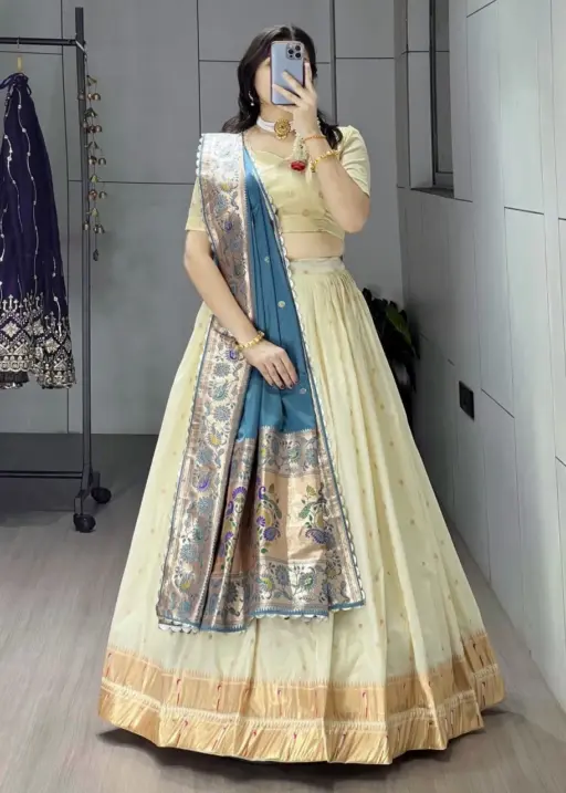 Marathi Special Cream Pathani Lehenga with Rama Dupatta