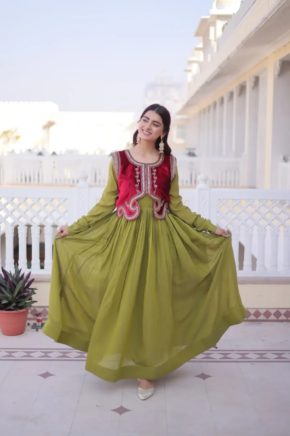 Mehendi Green Gown with Jacket Design - Ethnic Suits Mehendi Green Gown with Jacket Design - Ethnic Suits