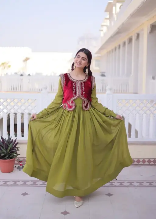 Mehendi Green Gown with Jacket Design
