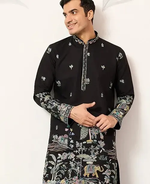 Men Black Ethnic Wedding Kurta Pajama