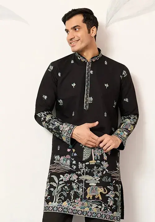Men Black Ethnic Wedding Kurta Pajama