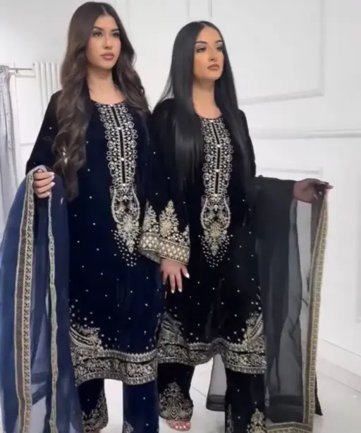 Navy Blue Embroidery Pakistani Velvet Suit
