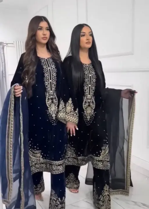 Navy Blue Embroidery Pakistani Velvet Suit