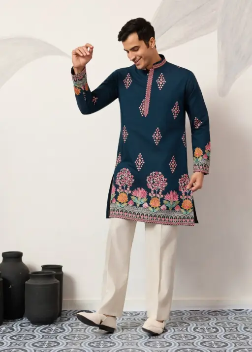 Navy Blue Functional Embroidery Men Kurta