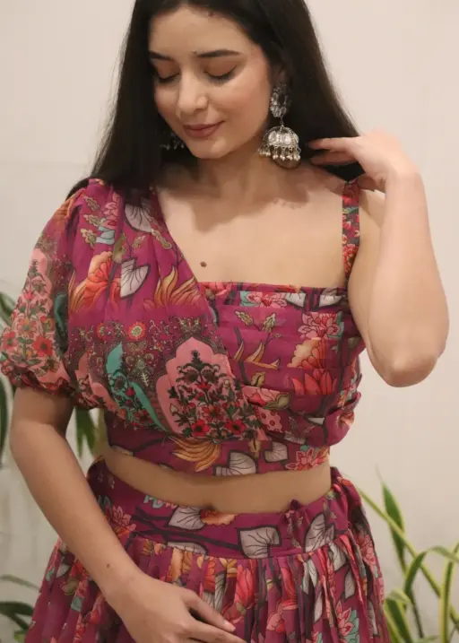 One Shoulder Ethnic Printed Lehenga - Readymade