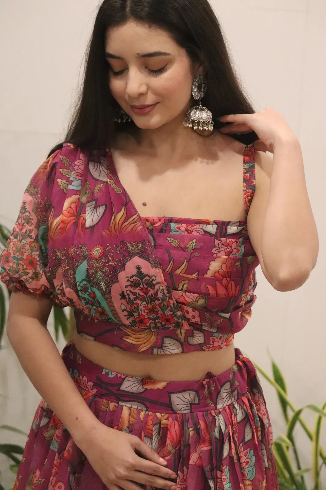 One Shoulder Ethnic Printed Lehenga - Readymade