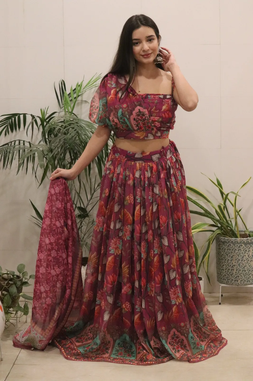 One Shoulder Ethnic Printed Lehenga - Readymade - Image 2