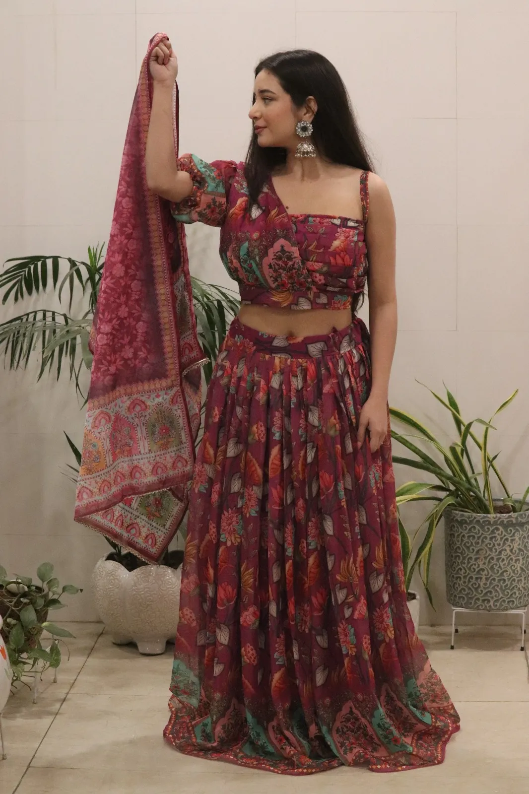 One Shoulder Ethnic Printed Lehenga - Readymade - Image 3