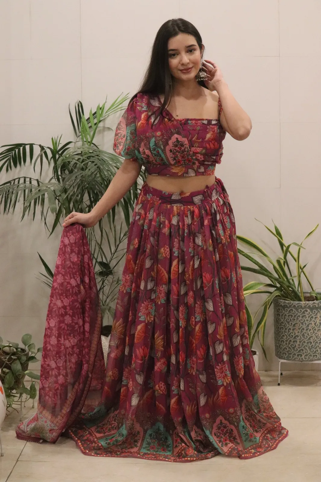 One Shoulder Ethnic Printed Lehenga - Readymade - Image 5