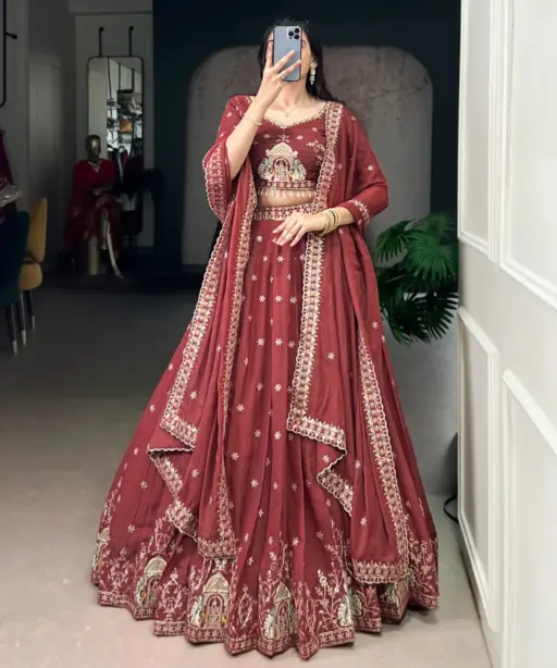 Orange Peacock Embroidery Bridesmaid Lehenga