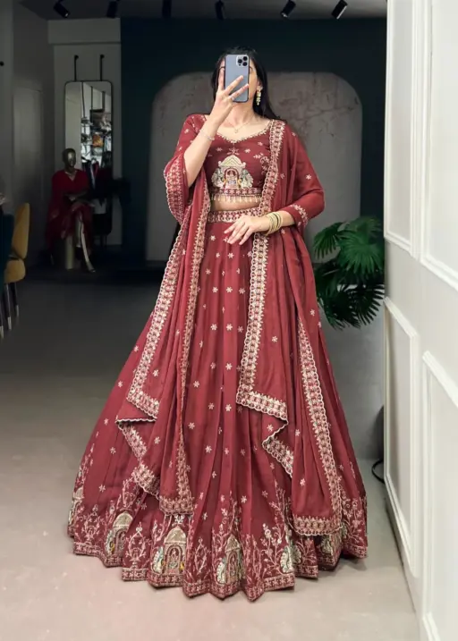 Orange Peacock Embroidery Bridesmaid Lehenga