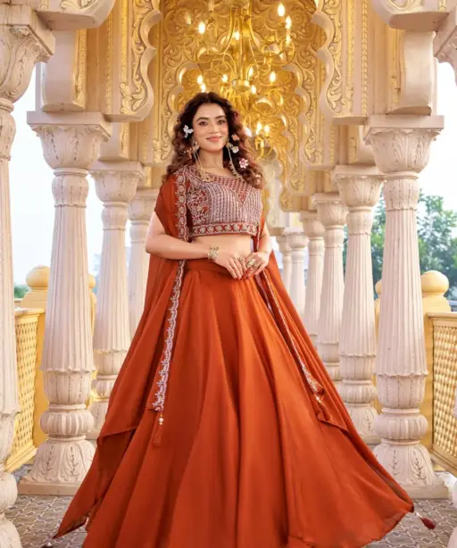 Orange Wedding Shrug Style Readymade Lehenga