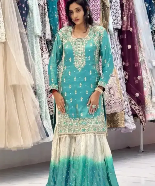 Padded Sky-blue Pakistani Style Sharara
