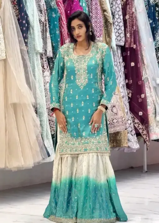 Padded Sky-blue Pakistani Style Sharara