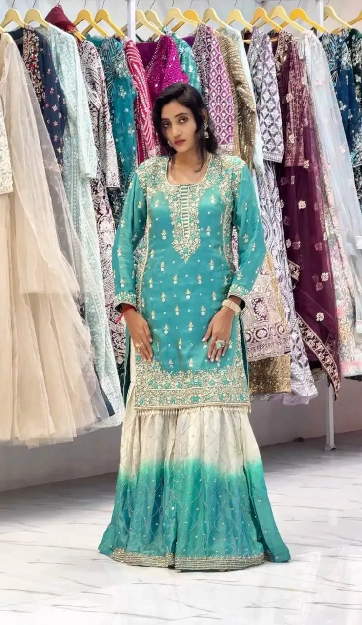 Padded Sky-blue Pakistani Style Sharara