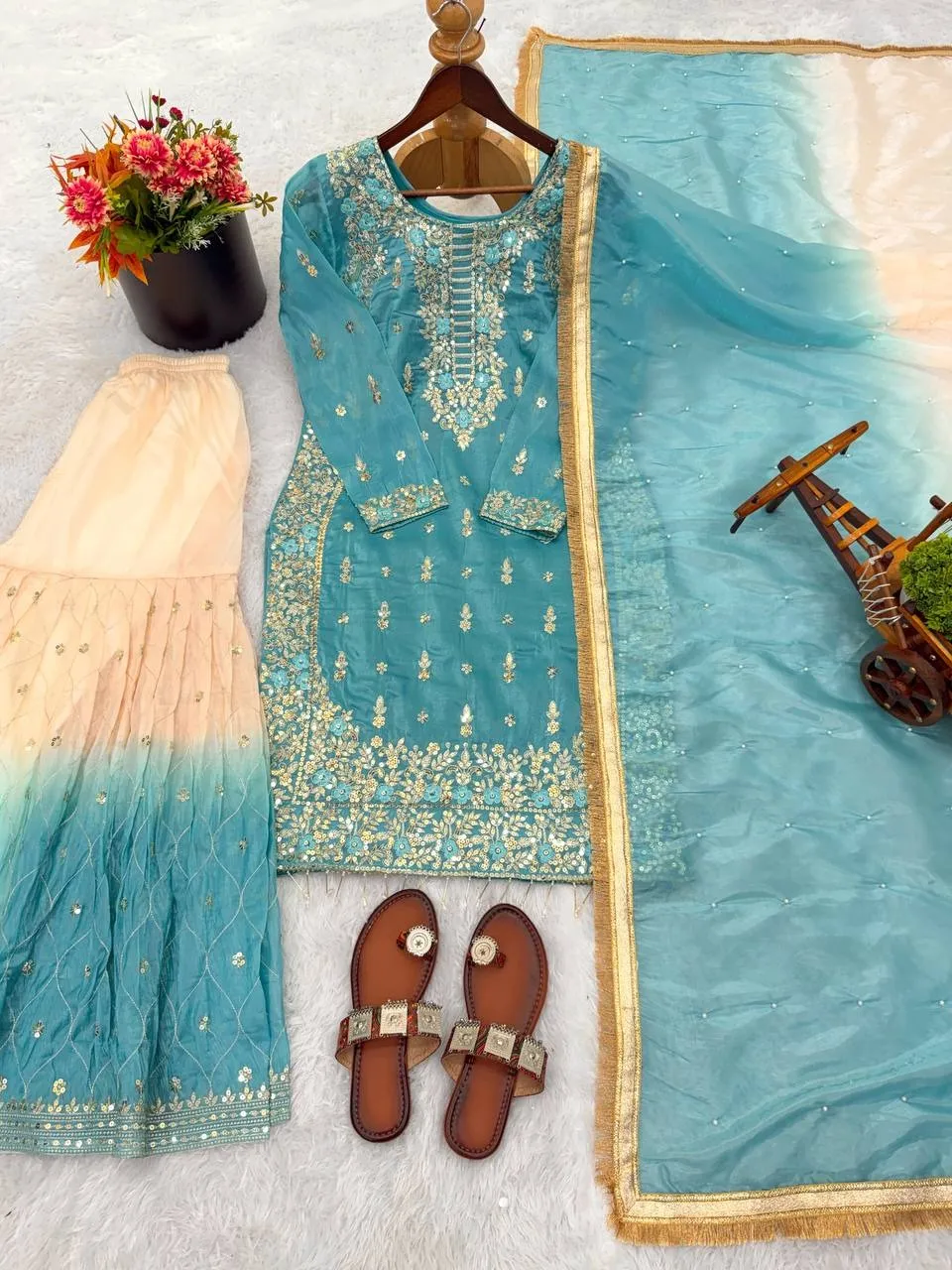 Padded Sky-blue Pakistani Style Sharara - Image 2