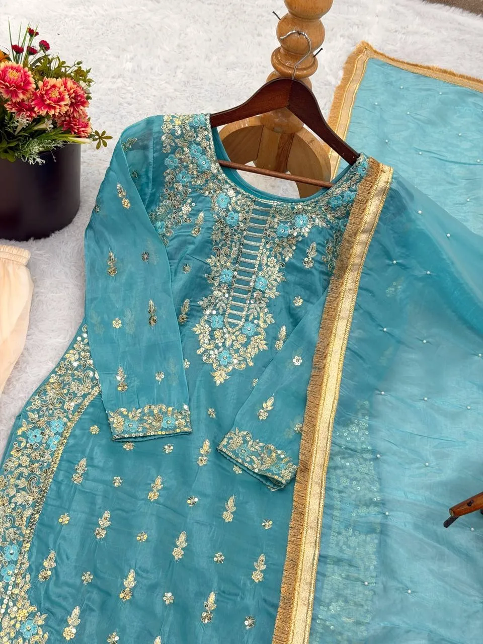 Padded Sky-blue Pakistani Style Sharara - Image 3