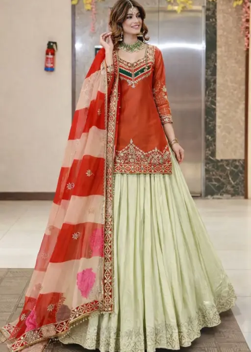 Pakistani Style Orange Skirt Suit