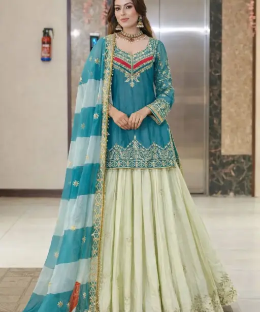 Pakistani Style Sky Blue Skirt Suit
