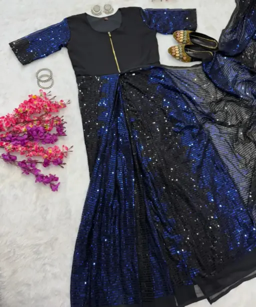 Party Zip and Go Saree with Blue Sequence work