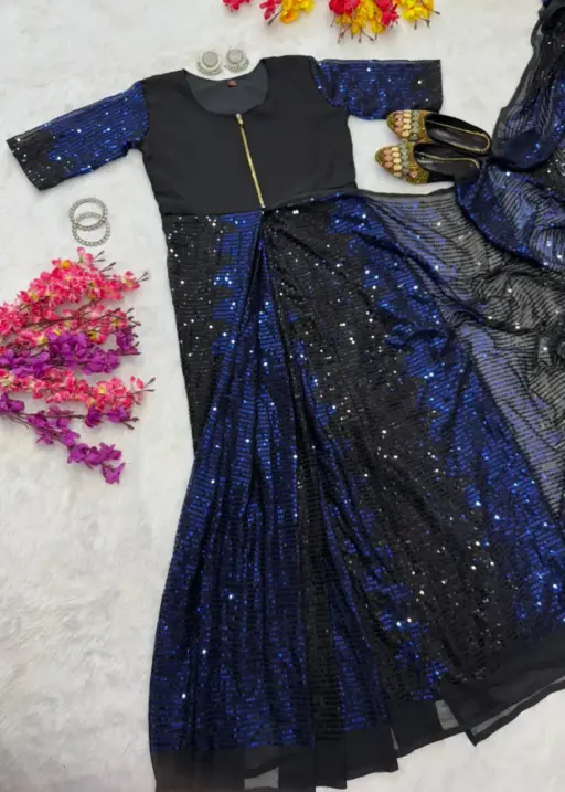 Party Zip and Go Saree with Blue Sequence work