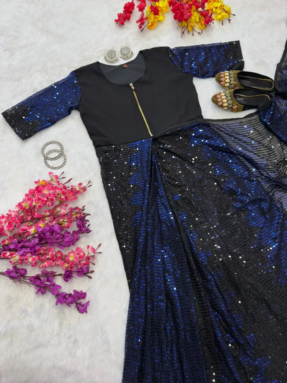 Party Zip and Go Saree with Blue Sequence work - Image 3