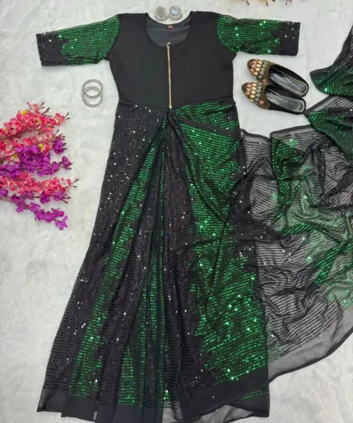 Party Zip and Go Saree with Green Sequence work