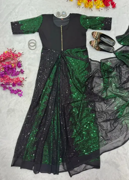 Party Zip and Go Saree with Green Sequence work