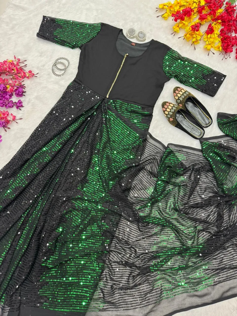 Party Zip and Go Saree with Green Sequence work - Image 3