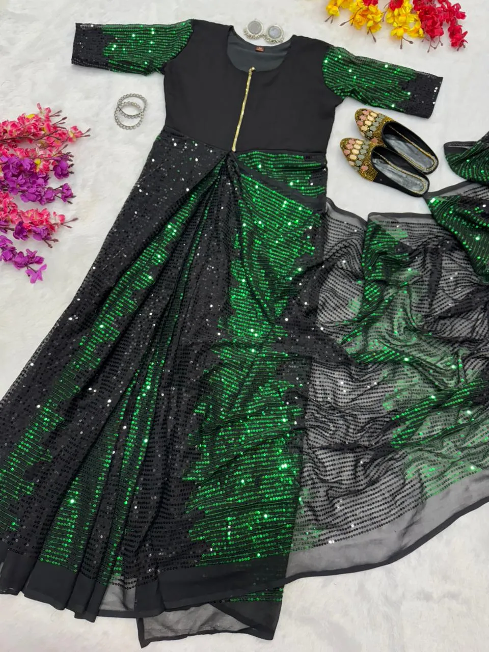 Party Zip and Go Saree with Green Sequence work - Image 4