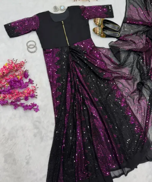 Party Zip and Go Saree with Purple Sequence work