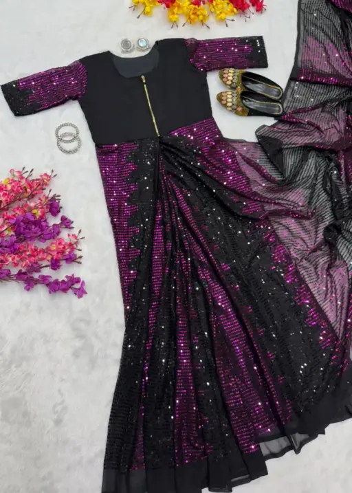 Party Zip and Go Saree with Purple Sequence work