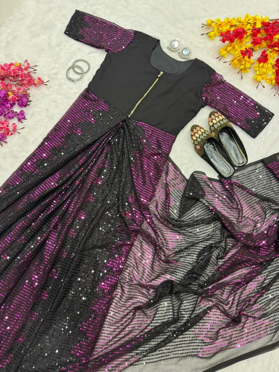 Party Zip and Go Saree with Purple Sequence work - Image 2