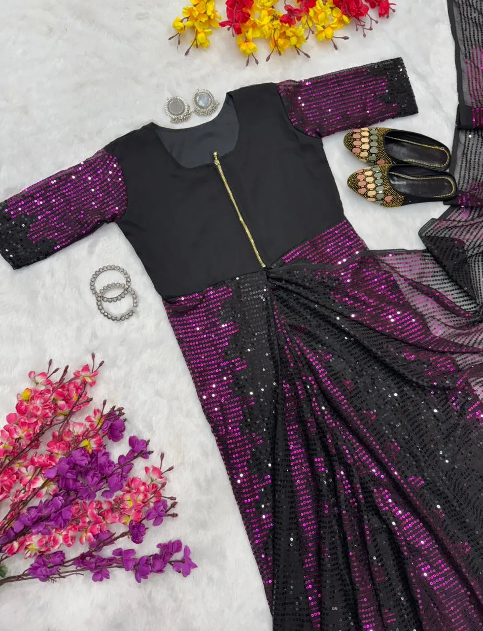 Party Zip and Go Saree with Purple Sequence work - Image 3