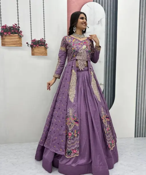 Pastel Color Stylish Long Blouse Lehenga Set