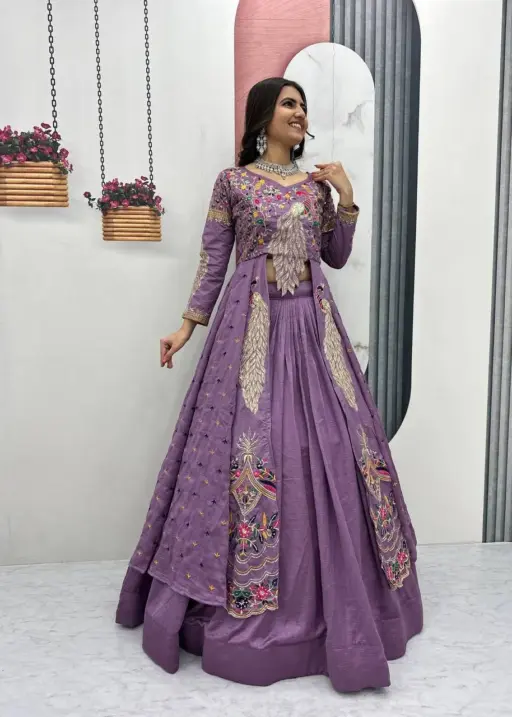Pastel Color Stylish Long Blouse Lehenga Set