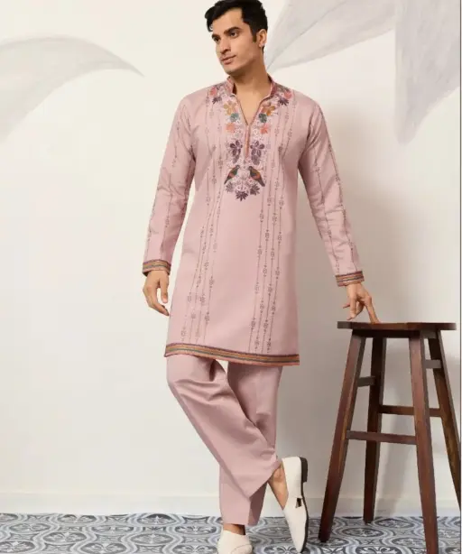 Pastel Color Stylish Mens Embroidery Kurta Set