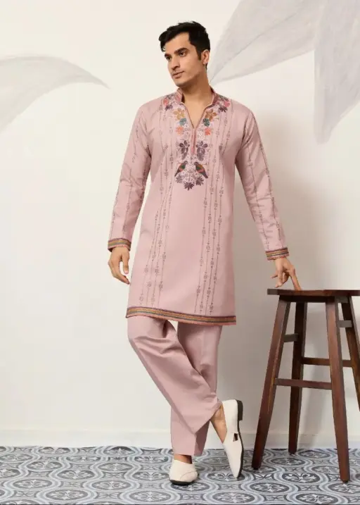 Pastel Color Stylish Mens Embroidery Kurta Set