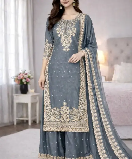 Pastel Gray Pakistani Plazzo set
