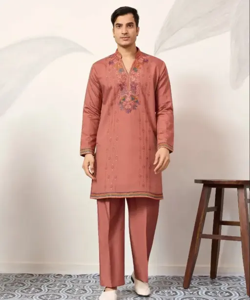 Pastel Orange Mens Embroidery Kurta Set
