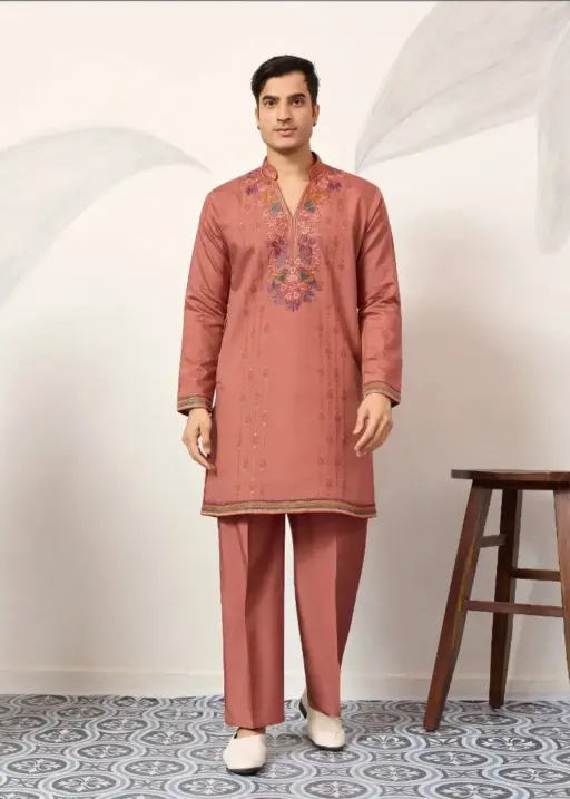 Pastel Orange Mens Embroidery Kurta Set