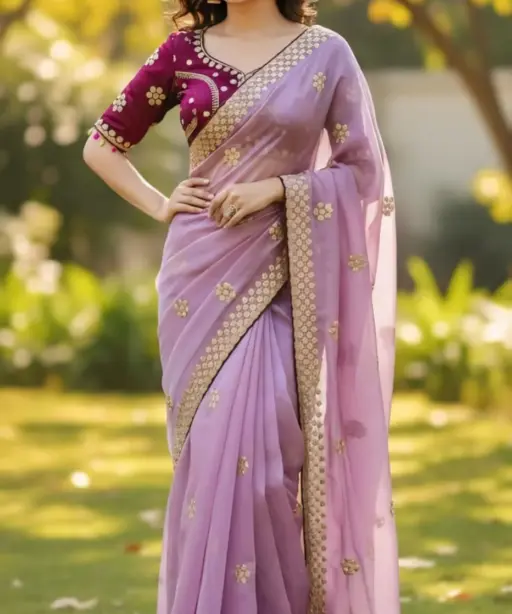 Pastel Purple Embroidery Saree with Readymade Blouse
