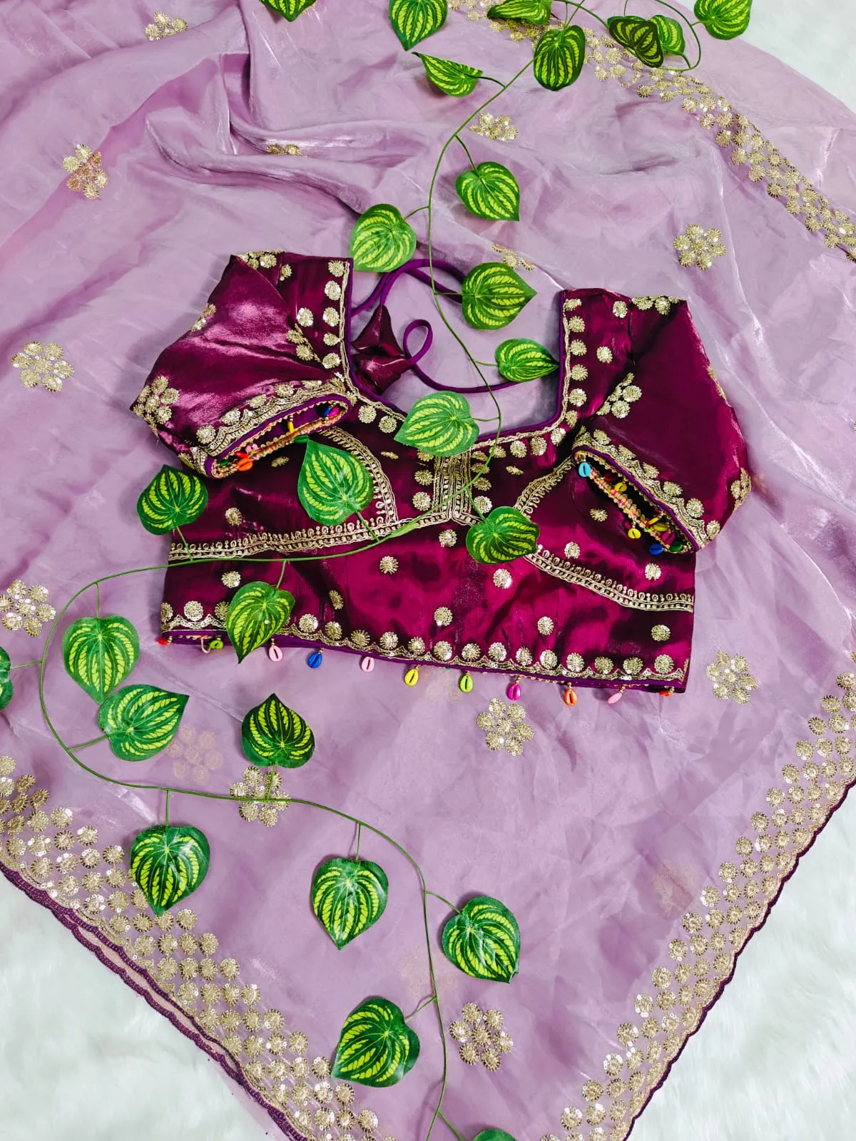 Pastel Purple Embroidery Saree with Readymade Blouse - Image 2