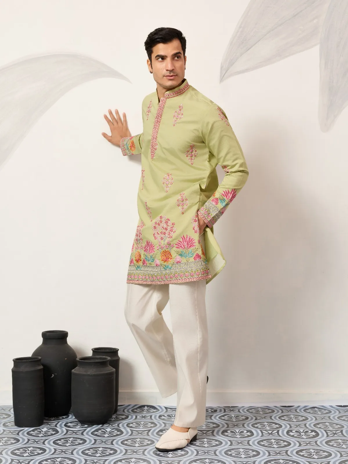 Lime Green Embroidery Men Kurta - Image 2