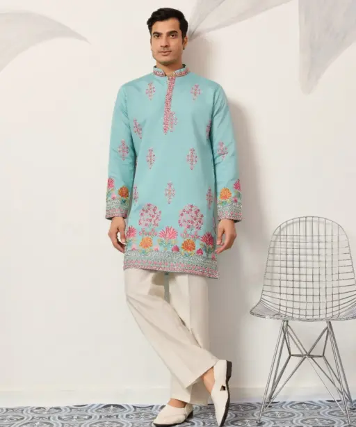 Pastel Sky Blue Men Embroidery Kurta