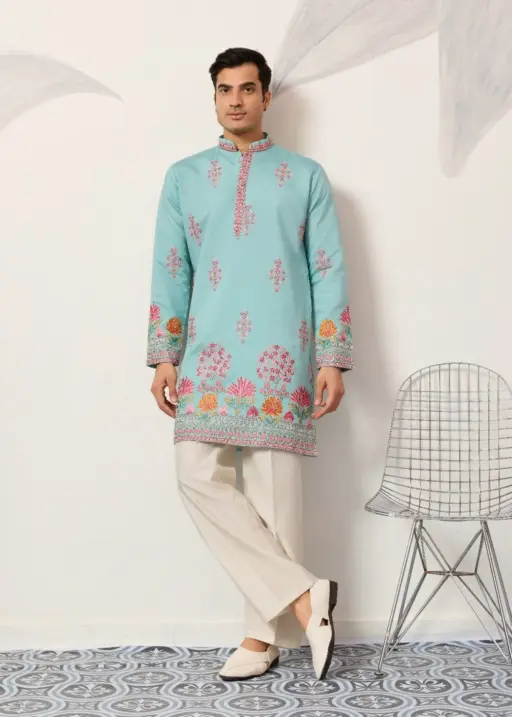 Pastel Sky Blue Men Embroidery Kurta